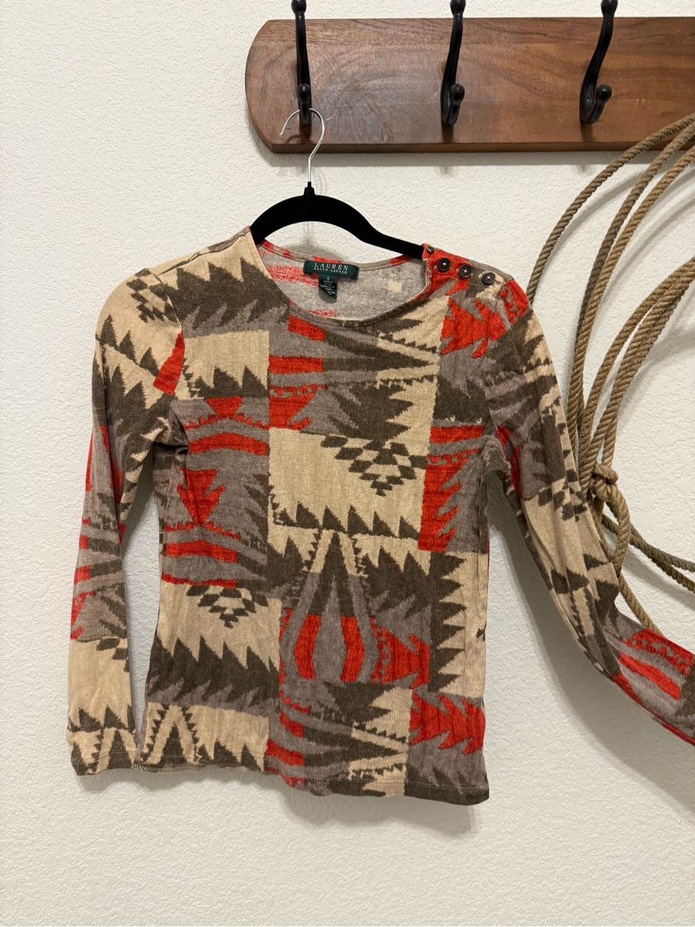 Lauren Ralph Lauren Southwestern Aztec Print Long Sleeve Top Size S